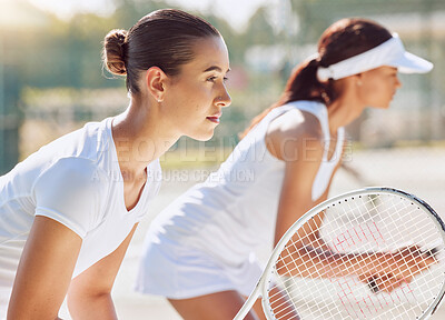 Buy stock photo Sports game, tennis team and women training for professional competition together, focus on court and ready for teamwork goal in match. Athlete people with concentration during outdoor sport event 