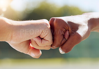 Buy stock photo Hands, fist bump or sports people in success, support or collaboration for fitness or exercise training. Zoom, black woman motivation or friends in winner teamwork, community trust or workout goals