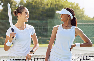 Buy stock photo Tennis game, team sports and women training on outdoor court together, happy with sport collaboration and smile for partnership at professional event. Athlete friends with happiness at competition