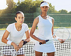Tennis, women and woman athlete group with focus ready for competitive double game. Portrait of fitness, sports and exercise workout of sport duo on a outdoor court to start health cardio training