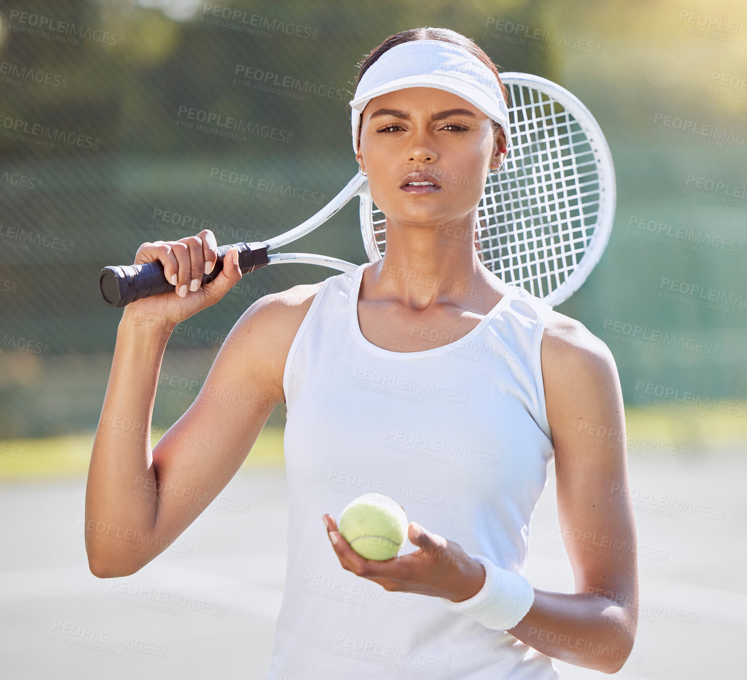 Buy stock photo Tennis woman, court and sports portrait with professional athlete thinking of game strategy. Fitness girl with focus, concentration and serious playing championship match tournament.


