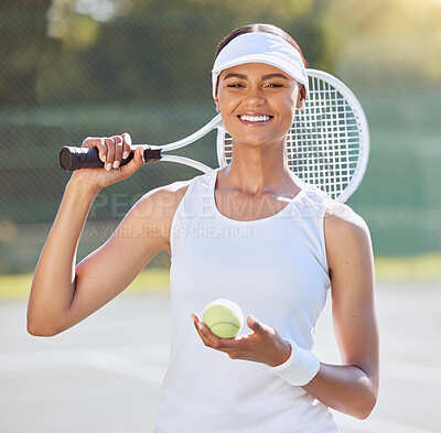 Tennis court, woman and fitness training in competition match or summer game. Portrait, smile or happy sports athlete with racket and ball for workout, exercise or health wellness with winner mindset