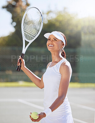 Buy stock photo Woman, serving and sports game on tennis court for exercise, workout and training in summer. Smile, happy and fitness player with health motivation, wellness goals or energy in racket and ball match