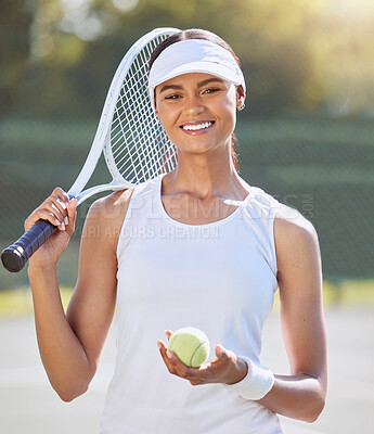Buy stock photo Tennis, fitness and sport woman with racket for training, exercise and workout on tennis court. Portrait, smile and motivation with tennis ball for energy, health wellness or winner mindset for match