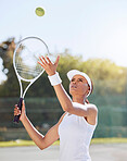 Tennis game, outdoor sports and woman training with energy for sport competition, action on court in summer and motivation for professional event. Girl athlete player playing for exercise and health