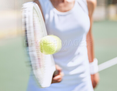 Buy stock photo Fitness, tennis and a woman hitting ball with racket or bat on outdoor court with blur movement. Health, wellness and  fun with girl on tennis court. Workout, racquet and energy for personal trainer