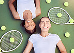 Tennis, women and relax portrait from above on sports court with friends resting together on floor. Women athlete team with happy, young and cheerful people on fitness break at tournament training.