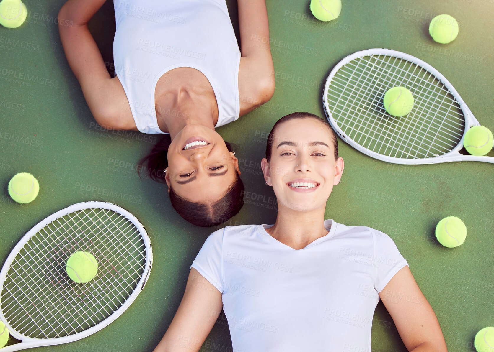 Buy stock photo Tennis, women and relax portrait from above on sports court with friends resting together on floor. Women athlete team with happy, young and cheerful people on fitness break at tournament training.