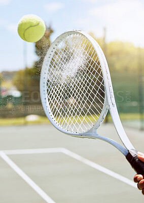 Hand, tennis court and ball game dust action with racket in tournament competition macro. Outdoor athlete fitness workout movement with exercise equipment for professional sports match.