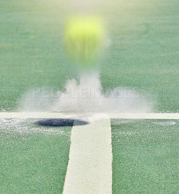 Buy stock photo Tennis, sport and training with a ball on a court bouncing during a game to score a point or winner. Sports, scoring and boundary with a match playing on a field with chalk and artificial grass