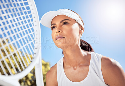 Buy stock photo Fitness, vision and tennis by woman training at a tennis court in summer, motivation and mindset. Sports, face and focus female playing a match or outdoor game, serious about competitive game 