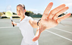 Tennis game, sports and hand of woman ready to start fitness, workout or training exercise for match competition. Motivation, tennis court and young girl, player or athlete hitting a tennis ball
