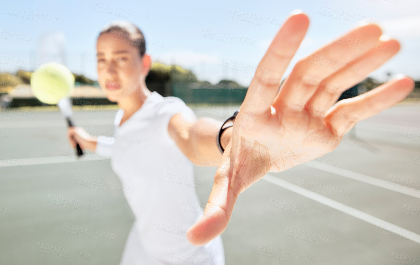 Buy stock photo Tennis game, sports and hand of woman ready to start fitness, workout or training exercise for match competition. Motivation, tennis court and young girl, player or athlete hitting a tennis ball