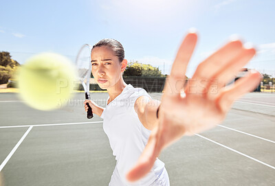Buy stock photo Tennis court, serving ball or woman in sports game, exercise match or competition workout. Fitness athlete or player training with motivation goals, winner mindset or racket in energy movement motion