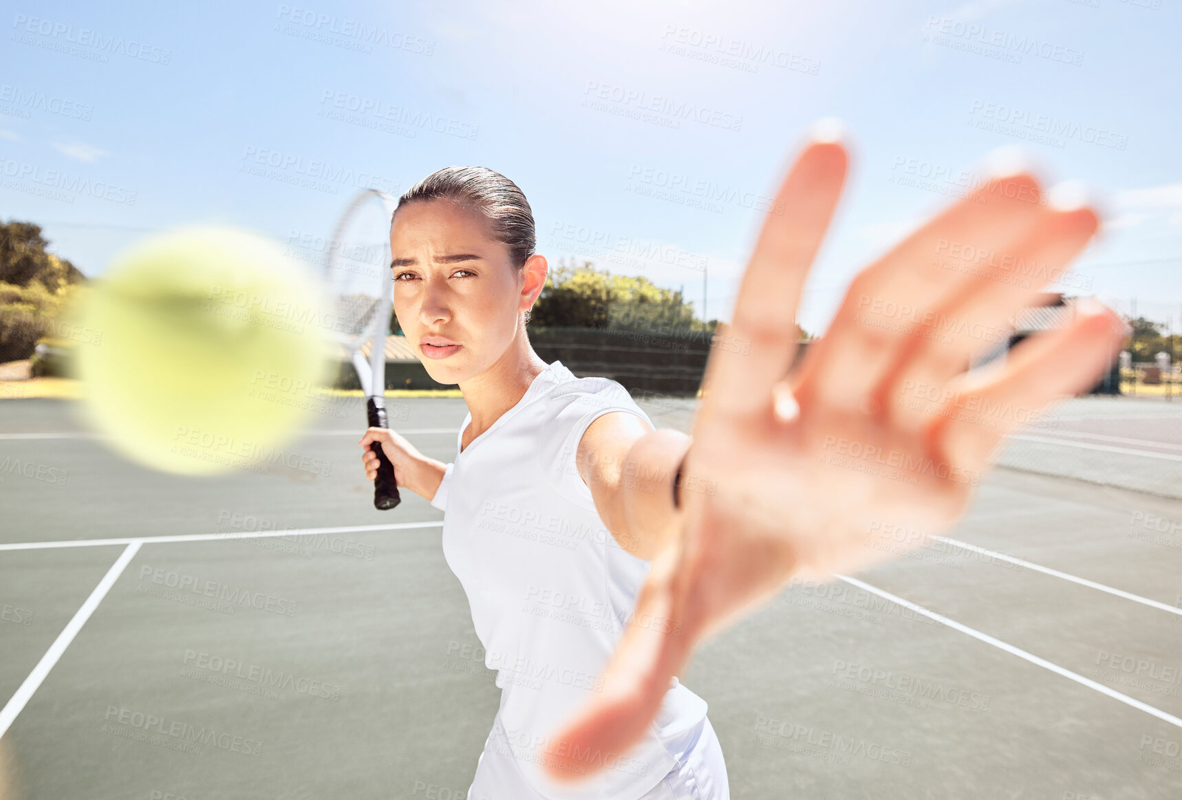 Buy stock photo Tennis court, serving ball or woman in sports game, exercise match or competition workout. Fitness athlete or player training with motivation goals, winner mindset or racket in energy movement motion