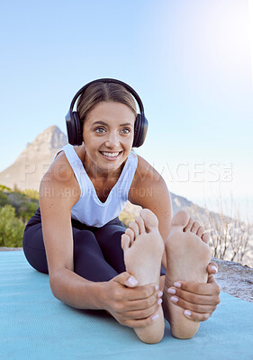 Buy stock photo Outdoor yoga, stretching and woman with headphones listening to wellness podcast or calm music for exercise motivation. Sports person in cardio or pilates workout with audio in nature and lens flare