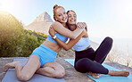 Exercise, friends and yoga workout by woman hug, bonding while meditating in nature together. Zen, health and relax by portrait of girl embracing during outdoor yoga class, excited about meditation