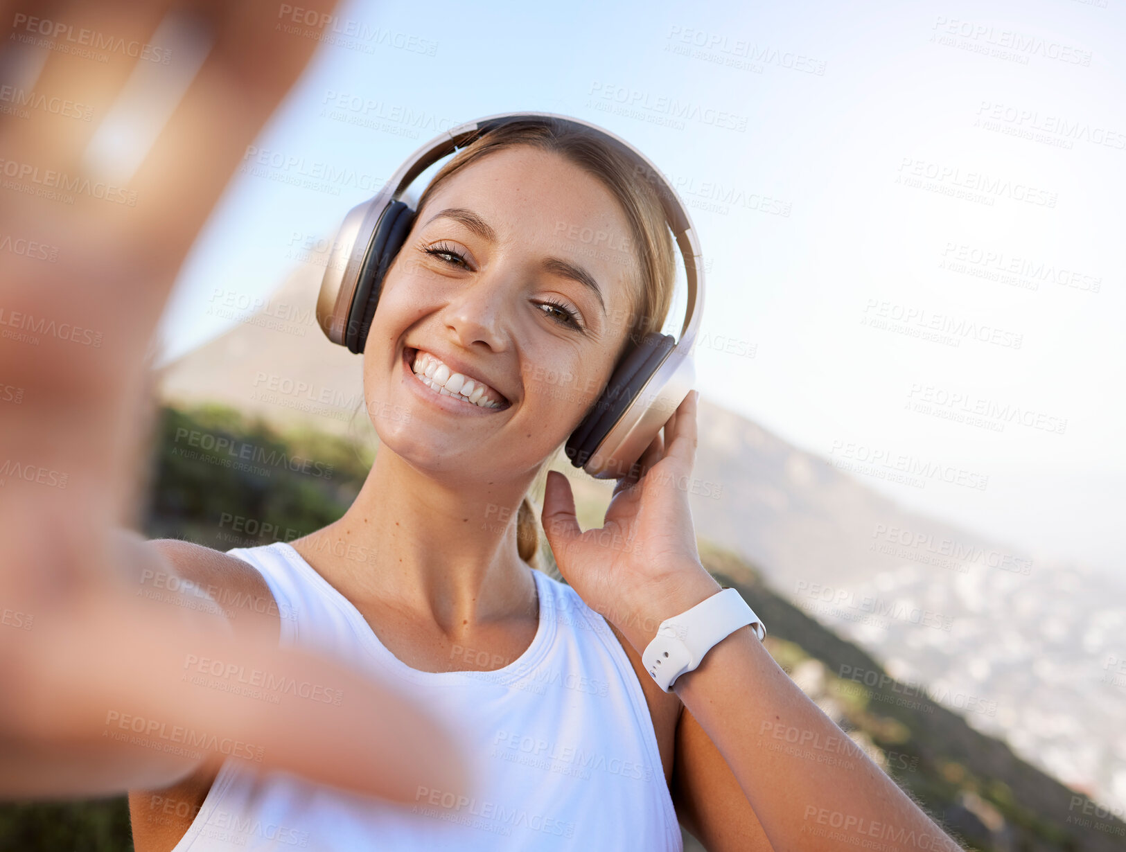 Buy stock photo Social media, influencer and portrait of woman listen to music and creating online content of scenic mountain views. Fitness, travel and blog with a happy, relax girl posing for a photo in zen nature