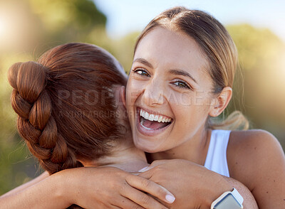 Buy stock photo Fitness, athlete and girl friends hug to celebrate love, care and together happy for friendship, trust and smile outdoors. Excited young runner women celebrate training and running workout reunion