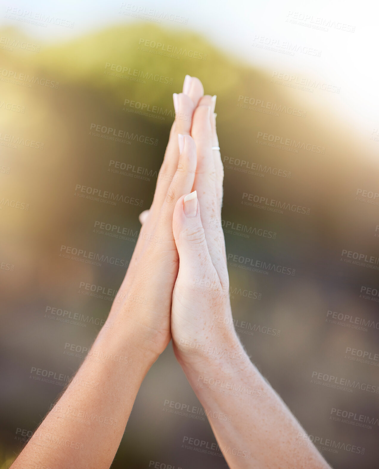 Buy stock photo Women high five for support, teamwork and solidarity with bokeh outdoor sunshine or light. Motivation, success and goal achievement of couple winning hands gesture with love, care or working together