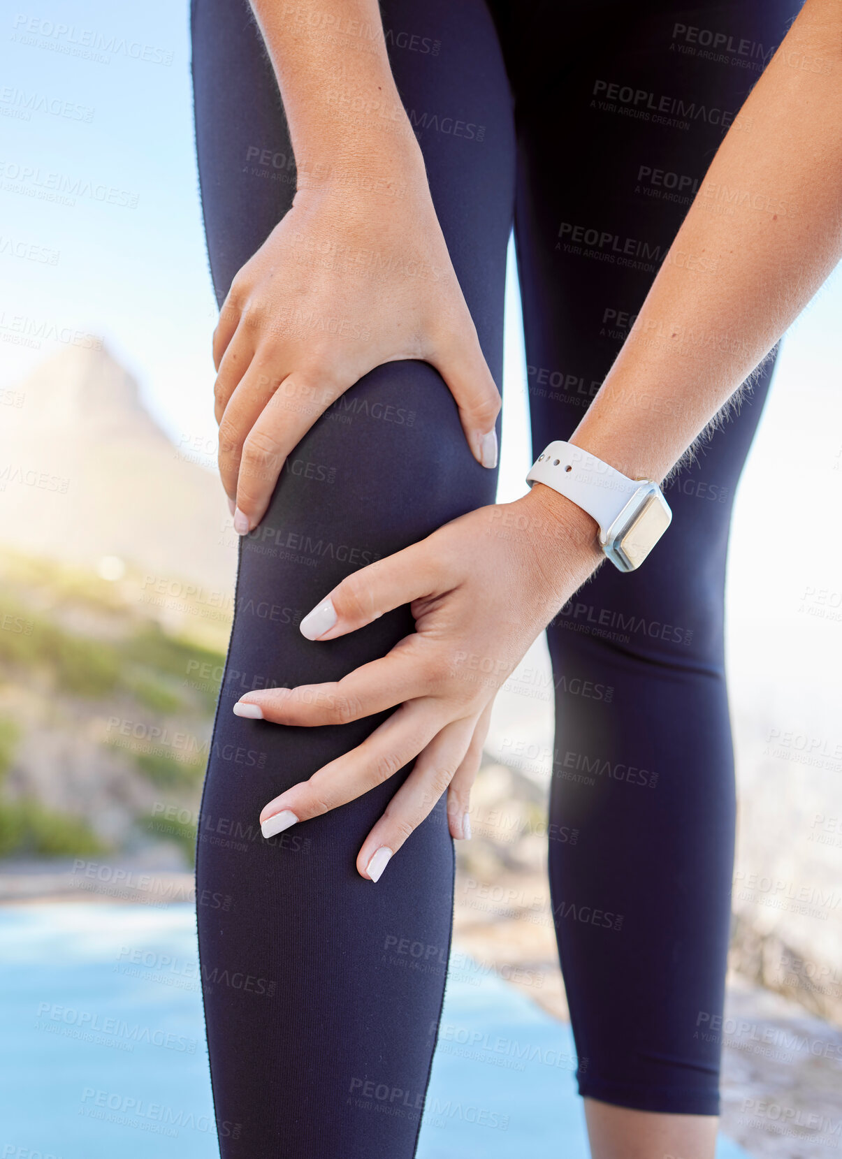 Buy stock photo Knee pain, fitness or sport woman with muscle or leg injury for exercise, workout or running training in Cape Town. Runner, wellness and athlete with medical emergency or knee joint in health sports