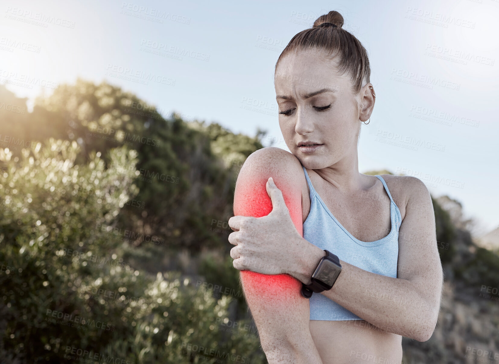 Buy stock photo Woman, fitness and arm injury, muscle tension or joint inflammation holding painful area in nature. Injured fit female in pain from training, workout or exercise accident touching sore arms in strain