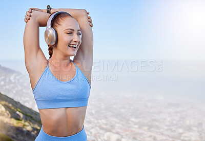 Buy stock photo Fitness, headphone stretching and woman hiking mountain workout for wellness and health. Warmup girl happy, excited or free break from workout or exercise in nature mockup space to relax healthy mind