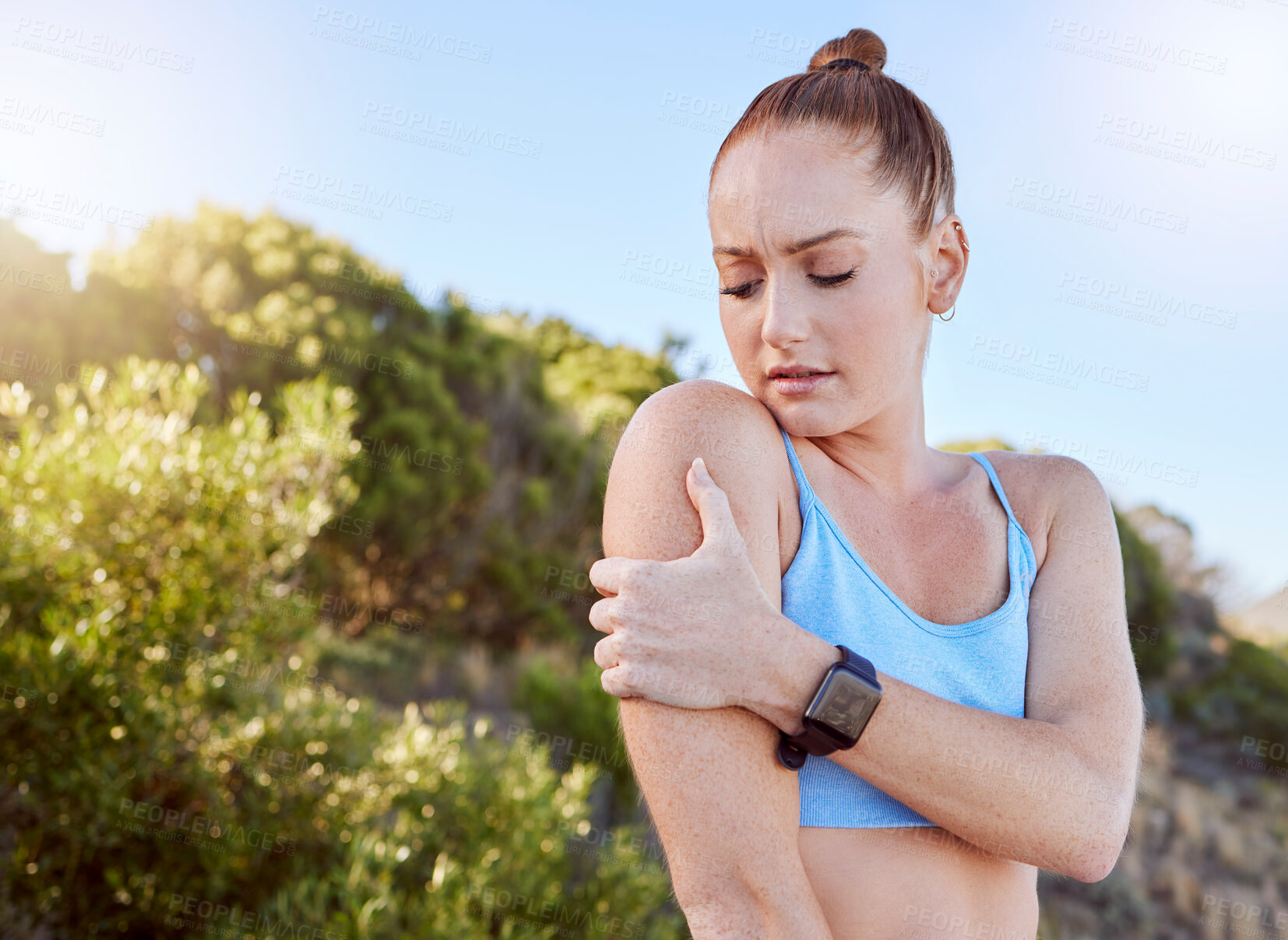 Buy stock photo Sports woman, runner and shoulder pain from workout training or fitness cardio accident outdoor. Healthy injured girl athlete with running body injury exercise mistake need arm emergency medical help