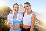Fitness friends, happy women and exercise with water bottle while out hiking, running and training for health, happiness and wellness. Female portrait of smile and sports and accountability partner