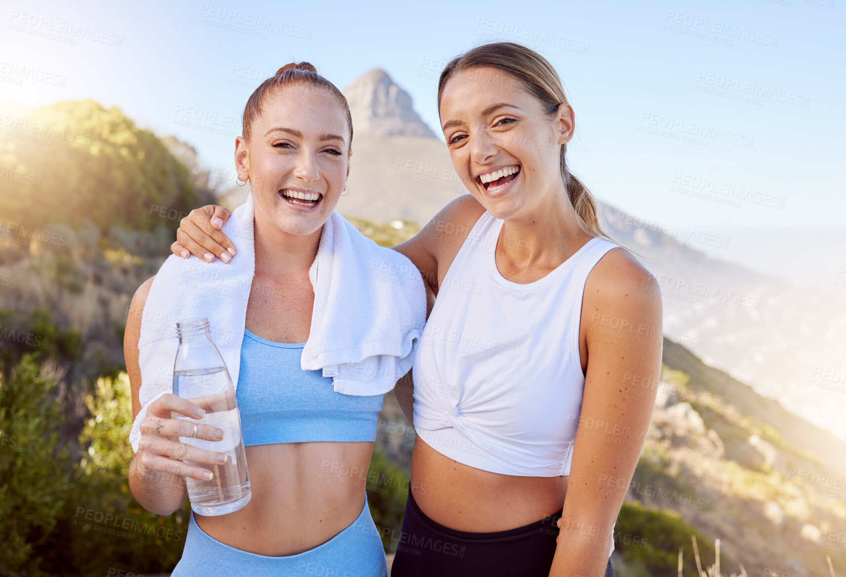 Buy stock photo Fitness friends, happy women and exercise with water bottle while out hiking, running and training for health, happiness and wellness. Female portrait of smile and sports and accountability partner