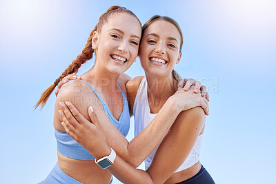 Buy stock photo Sports, fitness friends or woman hug for support, motivation and teamwork on outdoor blue sky mock up sunshine lens flare. Happy young athlete people workout training together for a healthy lifestyle