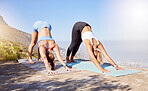 Yoga, women and stretching on mountains for relax fitness, exercise and training in South Africa. Friends, people and zen yogi in wellness body workout for mind peace, chakra energy and mental health