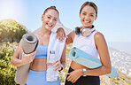 Outdoor yoga, women or friends with headphones and training gear for wellness, motivation and  healthy lifestyle with lens flare. Sports people for cardio or pilates workout on mountain and blue sky