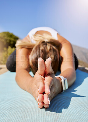 Buy stock photo Stretching, yoga and wellness woman hands with outdoor nature, sunshine lens flare and sky mock up. Exercise, fitness and calm person meditation on ground for workout, pilates or training in nature