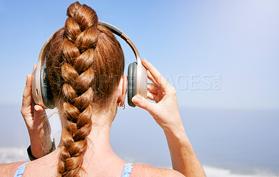 Buy stock photo Fitness, nature and woman listening to music during exercise, health and cardio workout with scenic views. Radio, podcast and streaming with rear view of female prepare for zen and relax meditation