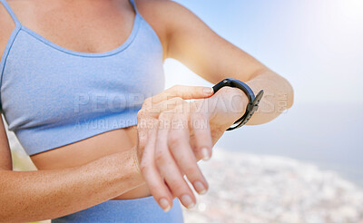 Buy stock photo Fitness, woman and hands for time on watch checking or monitoring health after exercise training workout in nature. Hand of female in sportswear monitor check and timing in healthy outdoor sports