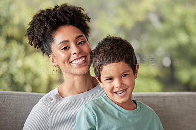 Buy stock photo Portrait happy kid, mom and mothers day, love and care relaxing together on living room sofa in family home. Young boy child, smile parent and happiness while bonding, enjoying quality time and fun