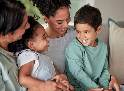 Buy stock photo Happy grandmother, family and children on sofa for conversation, quality time and talking together for healthy life and social development. Love, happiness and care for adoption kids, relax on couch