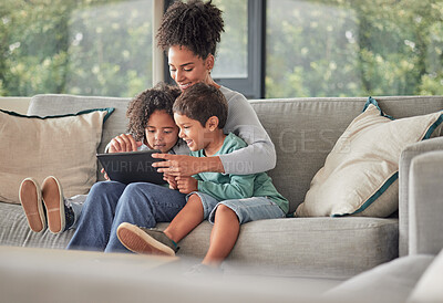 Buy stock photo Mom, kids and tablet on sofa watching educational movie streaming online in living room. Education, love and entertainment, family time on internet or video call with happy woman and excited children