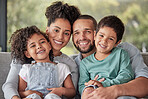 Smile, portrait and happy family love to relax together in a positive home on a fun weekend for bonding. Happiness, mother and father smiling with young Latin kids or children enjoying quality time 