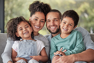 Buy stock photo Smile, portrait and happy family love to relax together in a positive home on a fun weekend for bonding. Happiness, mother and father smiling with young Latino kids or children enjoying quality time 