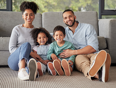 Buy stock photo Happy family, portrait and bonding on a living room floor, smile and relax in their home together. Love, children and content parents loving and enjoying the day indoors with excited, smiling kids