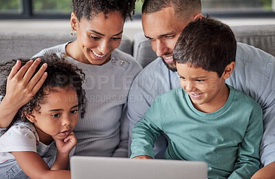 Buy stock photo Mother, father and children bond with laptop for movie streaming, video call or internet search on house or home living room sofa. Smile, happy and relax man, woman or parents with kids or technology