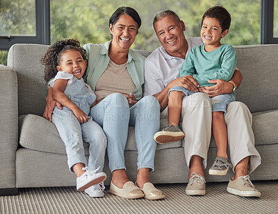 Buy stock photo Grandparents, children and sofa happy in home living room on vacation or holiday together. Kids, grandma and grandpa in retirement smile on couch in lounge with love for family portrait in house