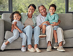 Laughing grandparents, children and bonding on sofa in Brazil house or home living room in trust, security or safety. Family portrait, smile or comic kids with retirement senior man and woman support