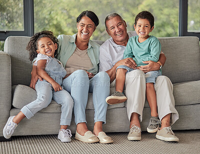 Buy stock photo Laughing grandparents, children and bonding on sofa in Brazil house or home living room in trust, security or safety. Family portrait, smile or comic kids with retirement senior man and woman support