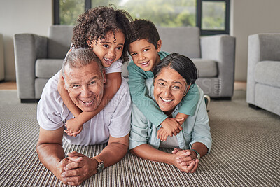Buy stock photo Grandparents, children or bonding in fun play game on house or family home living room floor. Portrait, smile or happy senior man and mature woman babysitting grandchildren or kids together in lounge