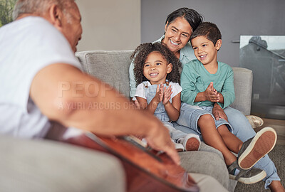 Buy stock photo Grandparents, children and clapping for guitar music on house or home living room sofa. Smile, happy or bonding kids with retirement woman and elderly senior man listening to creative family musician