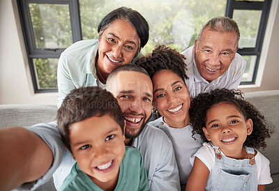 Buy stock photo Selfie, family and children with kids, parents and grandparents taking a photograph at a visit in their home. Face, happy and smile with a grandmother, grandfather and relatives posing for a picture