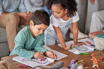 Creative, family and children drawing learning creativity from an educational and artistic preschool project together. Girl, kids and siblings in kindergarten students coloring in pictures in a book 